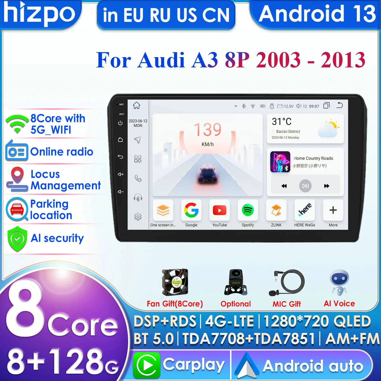 Hizpo 4G 9'' 10.33'' AI Systems Wireless CarPlay Android Auto Radio for Audi A3 8P 2003-2011 S3 RS3 Sportback Car Multimedia GPS