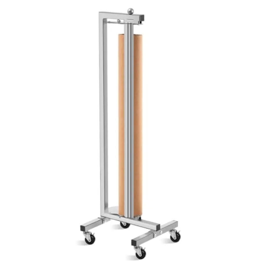 

Vertical paper roll dispenser with wheels for gift wrap, kraft, freezer, butcher paper; durable steel construction; black finis