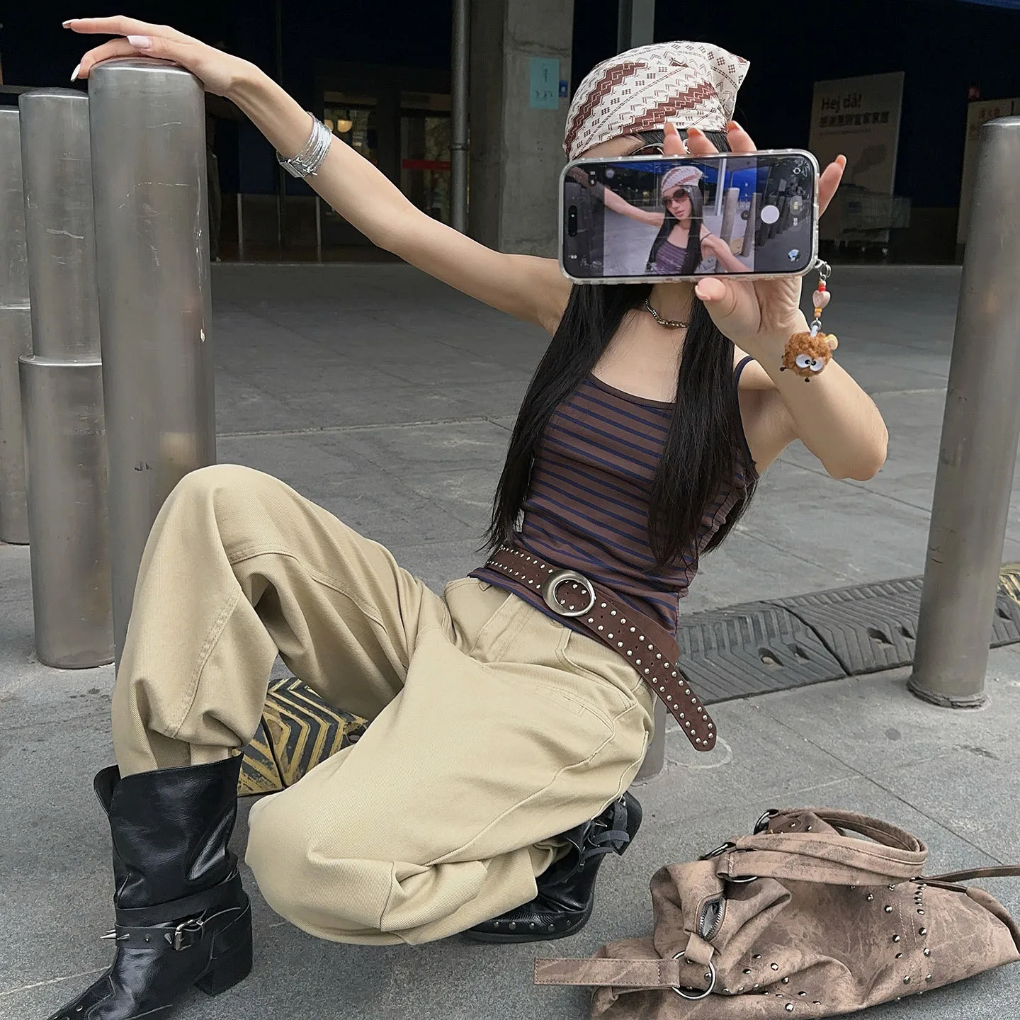 

Women's Vintage Khaki Jeans Loose High Waist Slim Straight Casual Long Pants