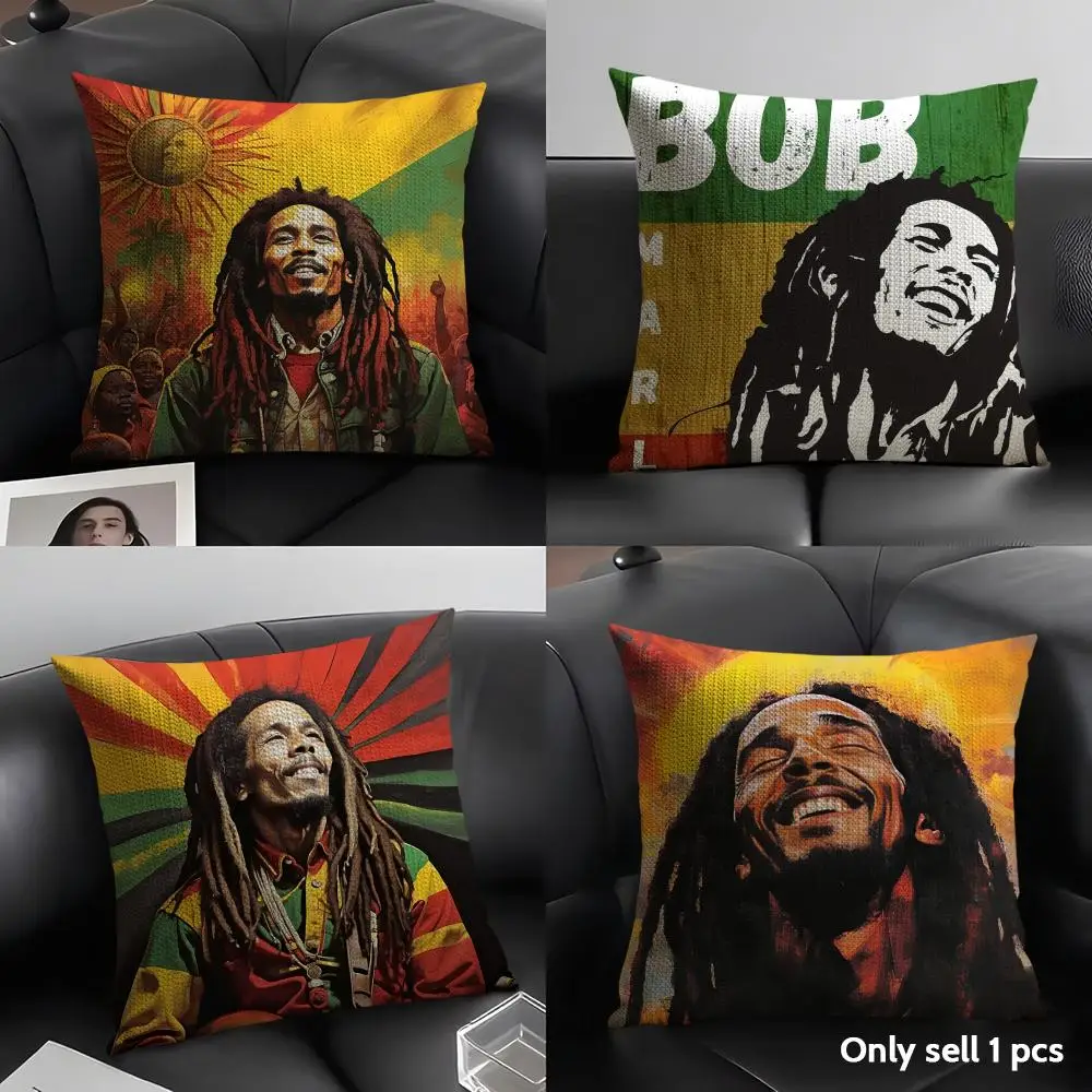 Singer Bob M-Marley Cushion Cover Natural Linen Organic Fabric Double-Sided Printing Sofa Home Decor Gift Pillow Case