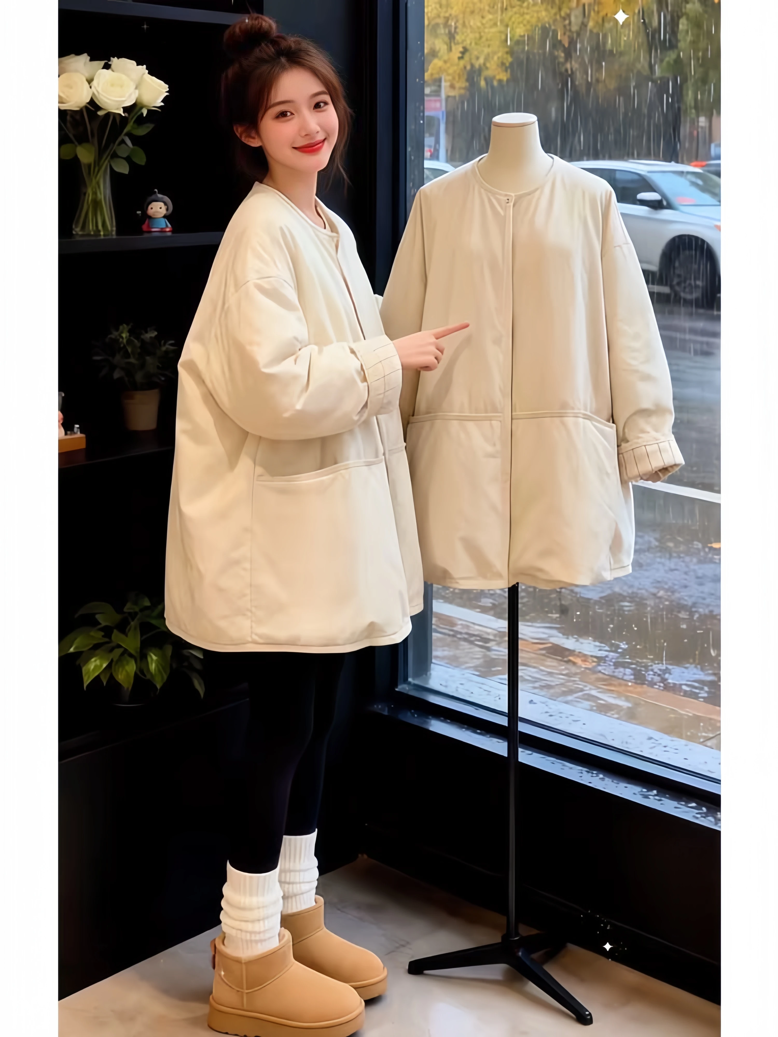 

Korean Style Women's Lightweight Cotton Jacket Pure Color Warm Casual Fashionable Autumn Winter Thickened Zipper round Neck