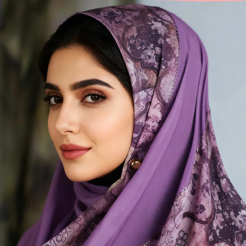 

Luxury Crystal-Embellished Veil - Lavender Bloom Print on Cloud-Soft Chiffon, Breathable & Elegant hijab2506-2