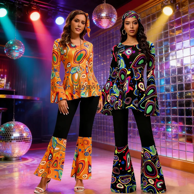 

Women Disco Multi-color Print Costume Hippie Cosplay Performance Clothes with Headband Set Female Dance Party Retro Dress Up