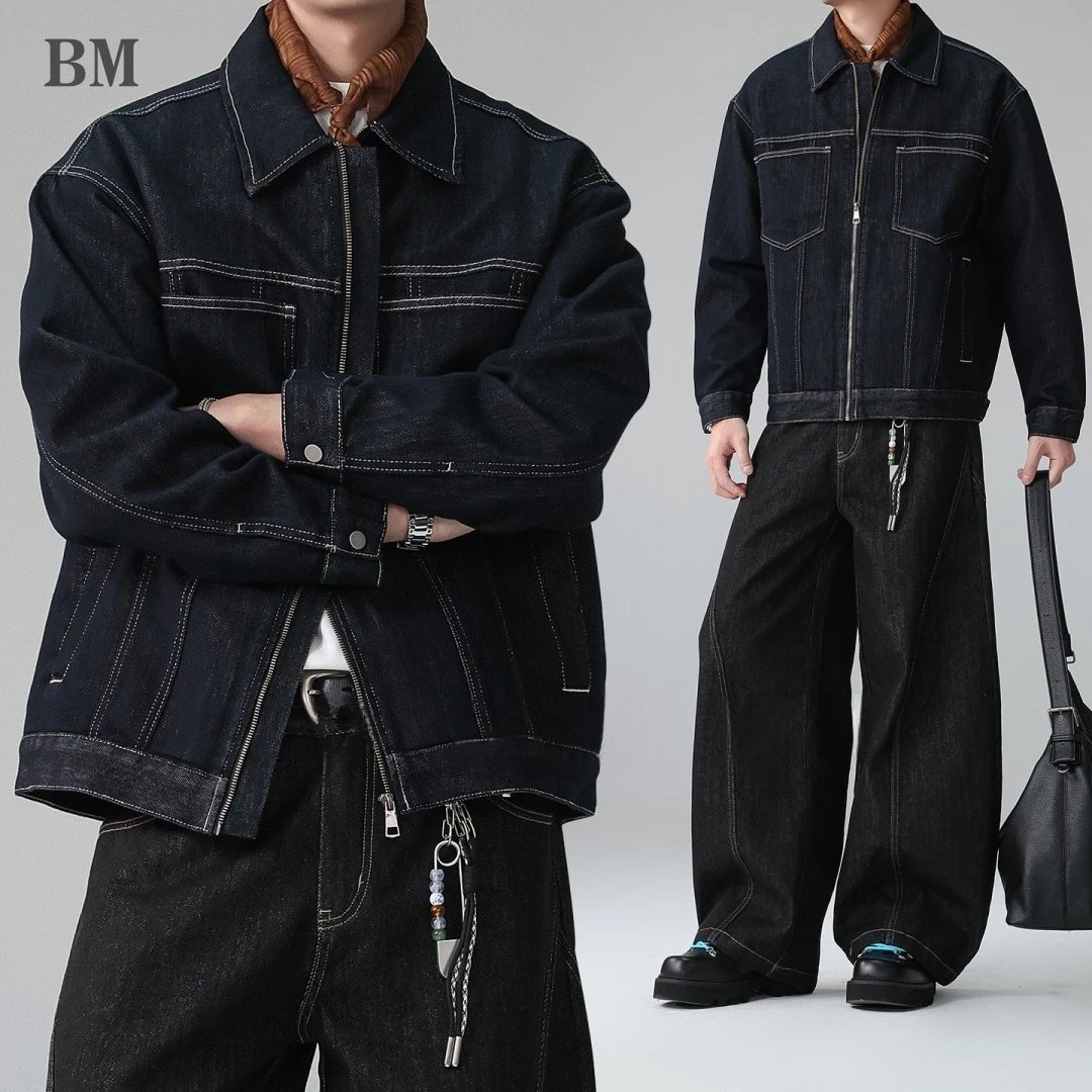 Mens American Vintage Denim Trucker Jacket Lapel Collar Lyocell Blend Topstitching Premium Spring Fall Casual Trendy Coat Male