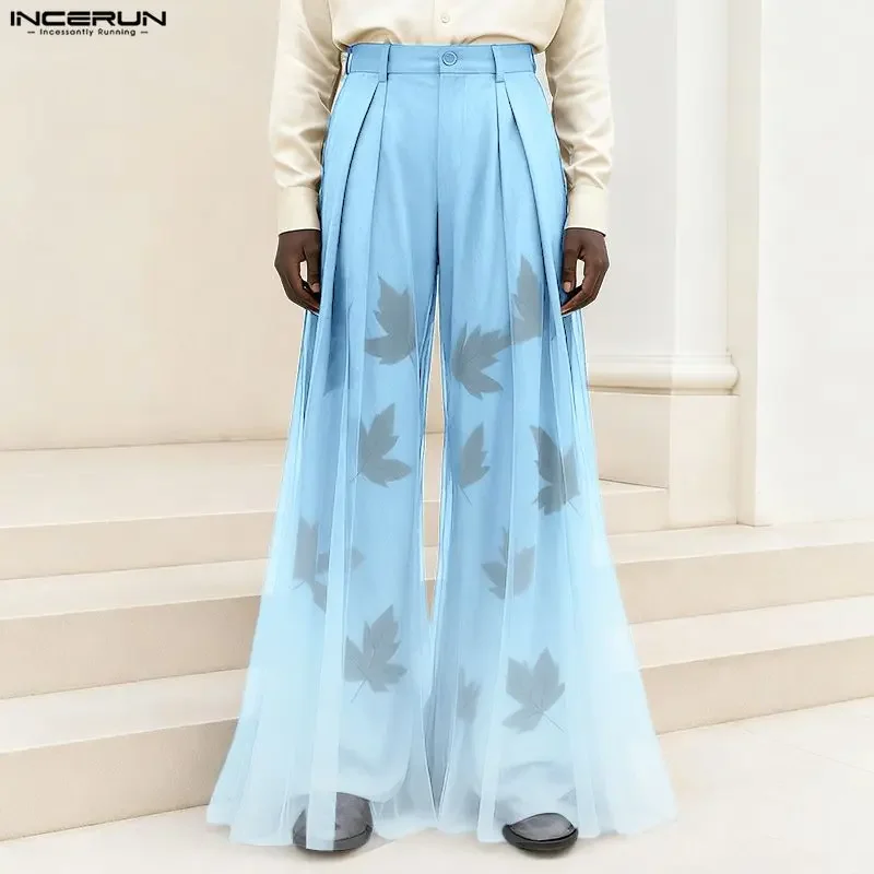 

INCERUN Men Pants Mesh Printing Patchwork Button Joggers Wide Leg Trousers Men Streetwear Loose Fashion Casual Long Pants S-5XL
