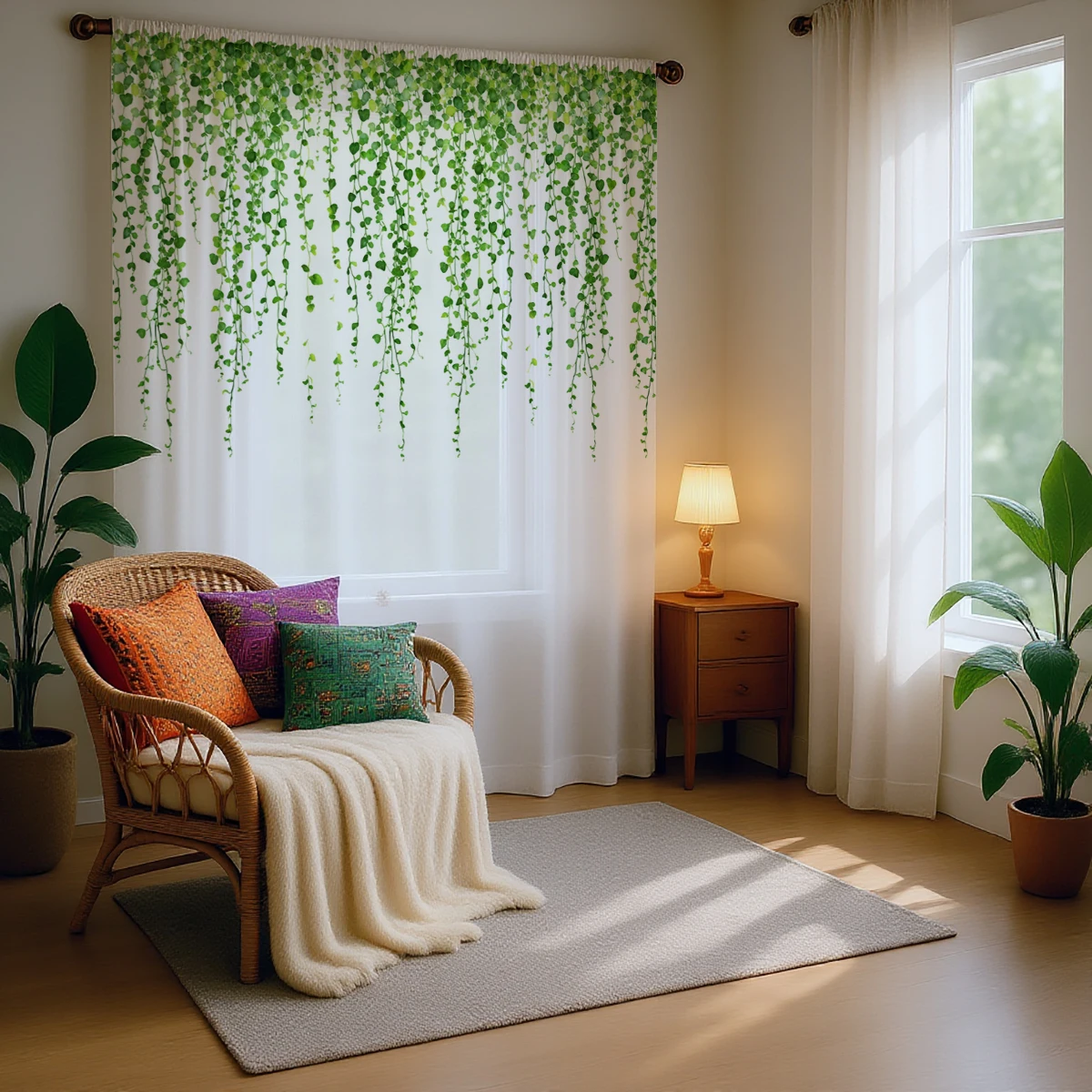 1 Pc Nordic INS Style Green Vine Sheer Curtain - Translucent, Light Reducing, Privacy, Rod Pocket, for Living/Bedroom/Kids Room