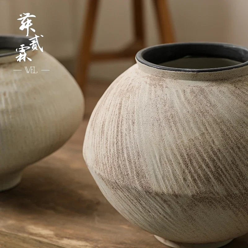 Ceramic vase retro handmade Japanese-style pottery pot decoration entrance ornament flower ware light luxury advanced