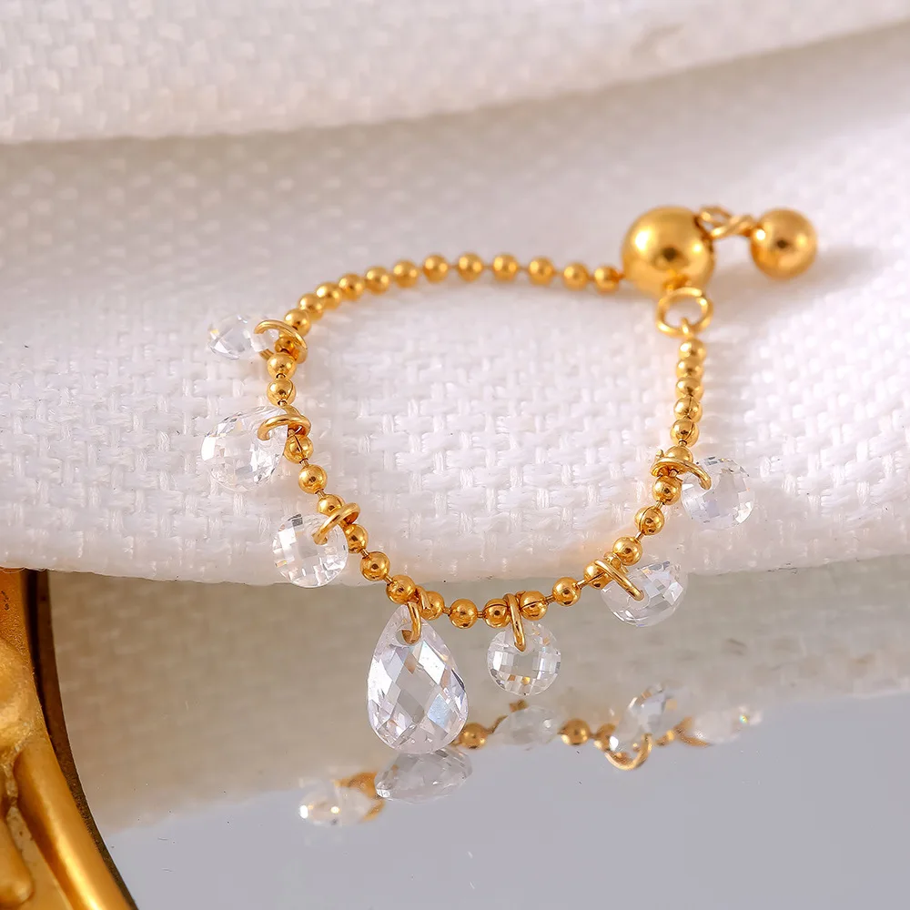 Crystal Pendant Stainless Steel Beads Ring For Women 18K Gold Plated Waterproof Adjustable Women\'s Rings Luxury Designer Jewelry