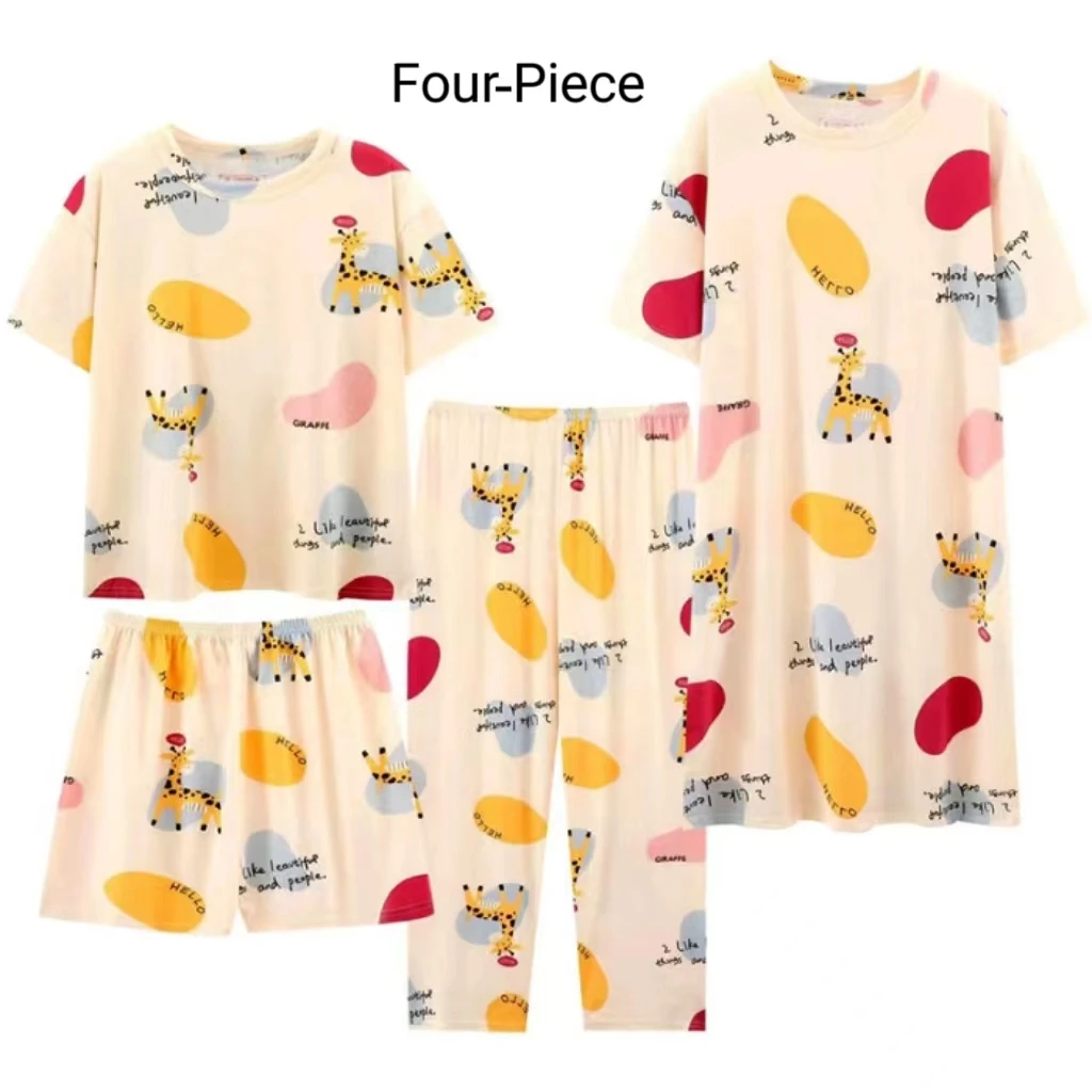 Women\'s New Four-Piece Pajamas Women\'s Summer Imitation Cotton Pyjamas Homewear Loose Casual Wear Short-Sleeved Nightgown Shorts