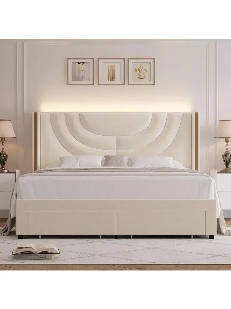 Nordic Long - Lasting Queen Upholstered LED Bed Frame With 2 Storage Drawers, Velvet Platform Bed With Wingback Headboard