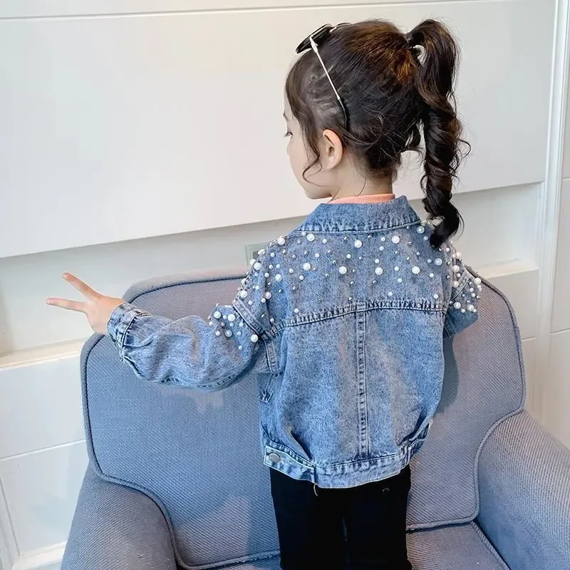 2024 New Fashion Pearls Beading Denim Jacket For Girls Coat Spring Autumn Children\'s Outerwear 3-10 Years Teenage Girls Clothes