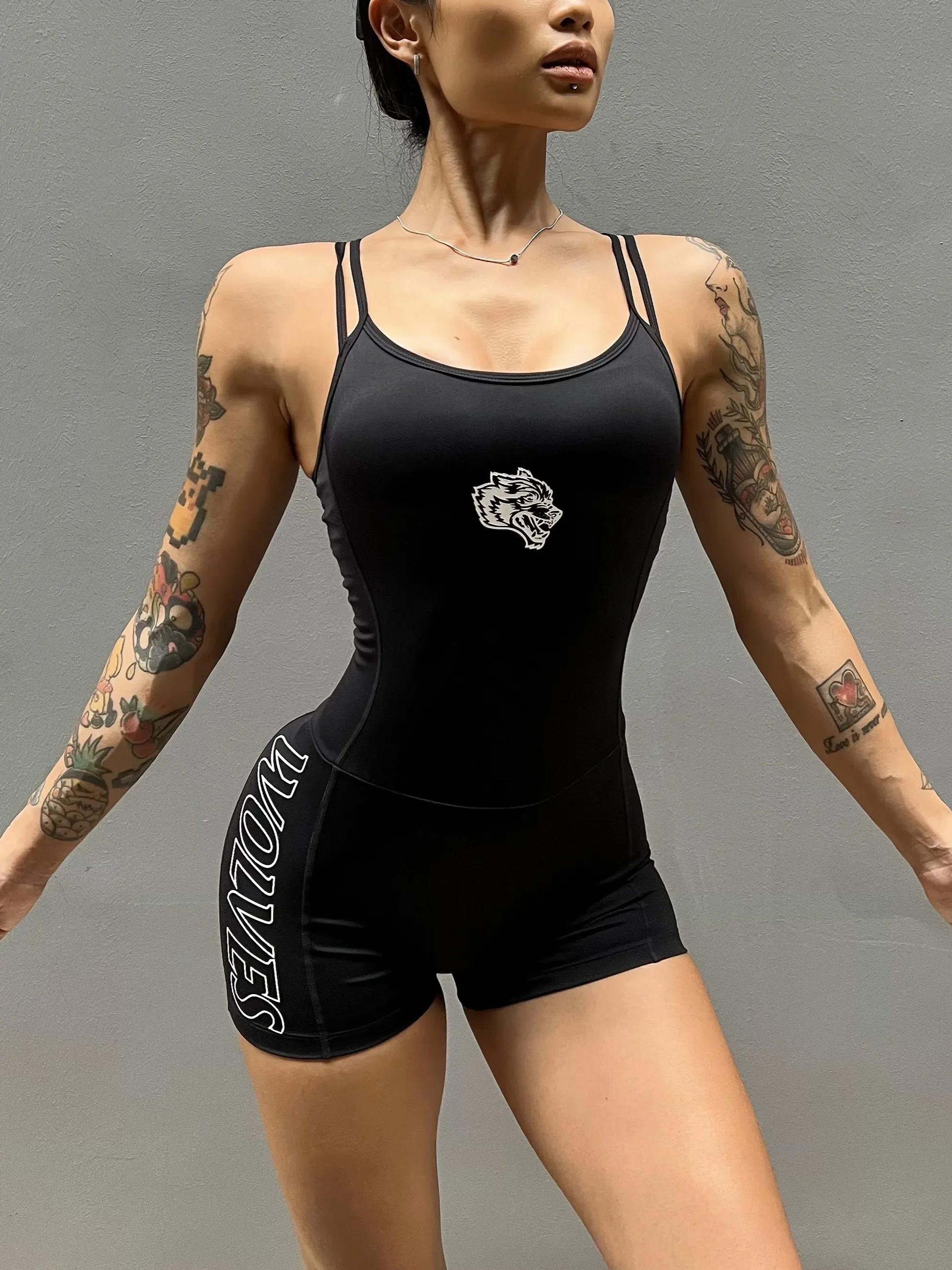 Dark Women Energy Bodysuit, Wolf Head Sport, Vertical Hardcore, Black Fitness Suit, Double Shoulder Belt, Nude Feel, Hip Lift Cl