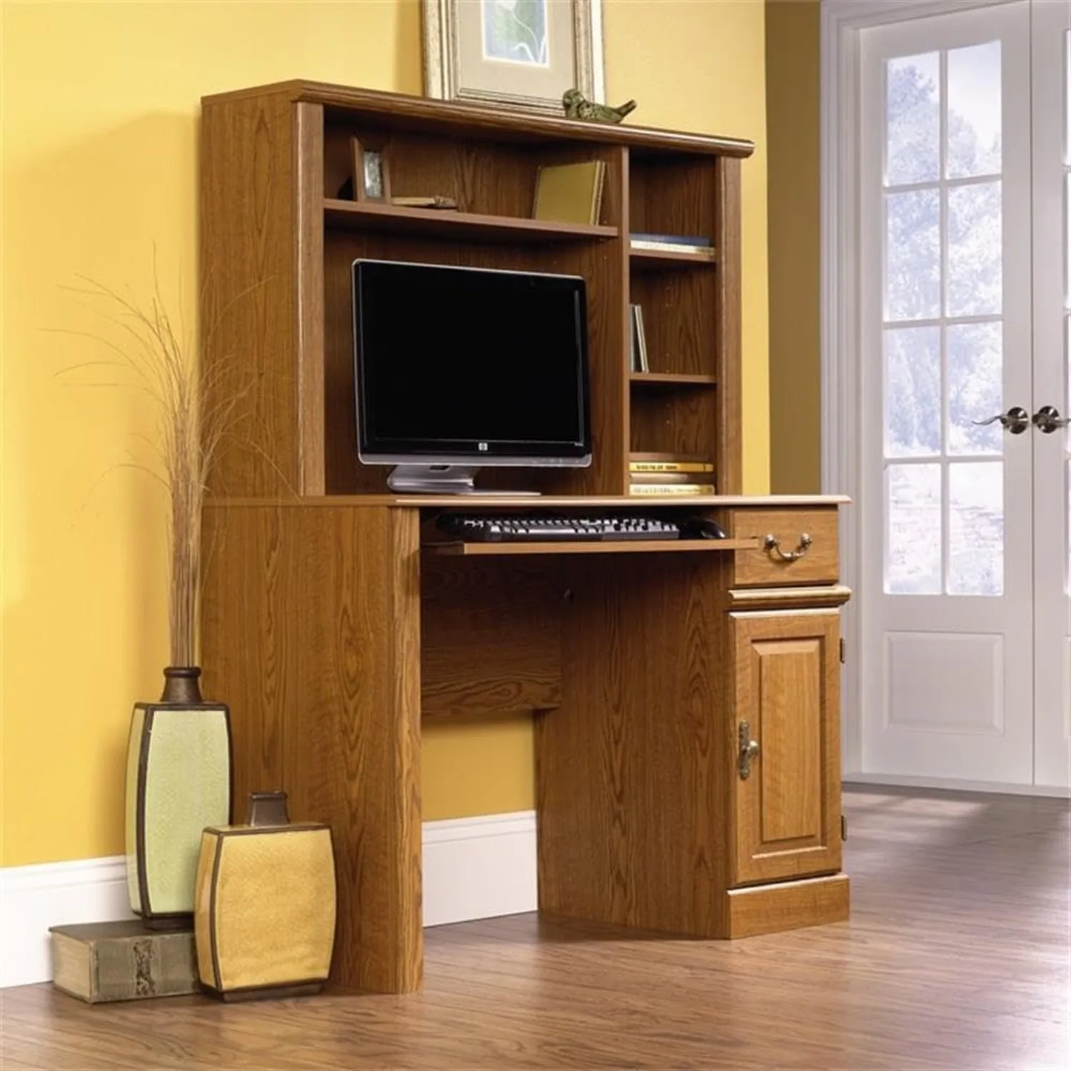 HILL Home Office Computer Desk with Hutch, 3 Adjustable Shelves for Small Space in Carolina Oak 2025 New Computer Desk