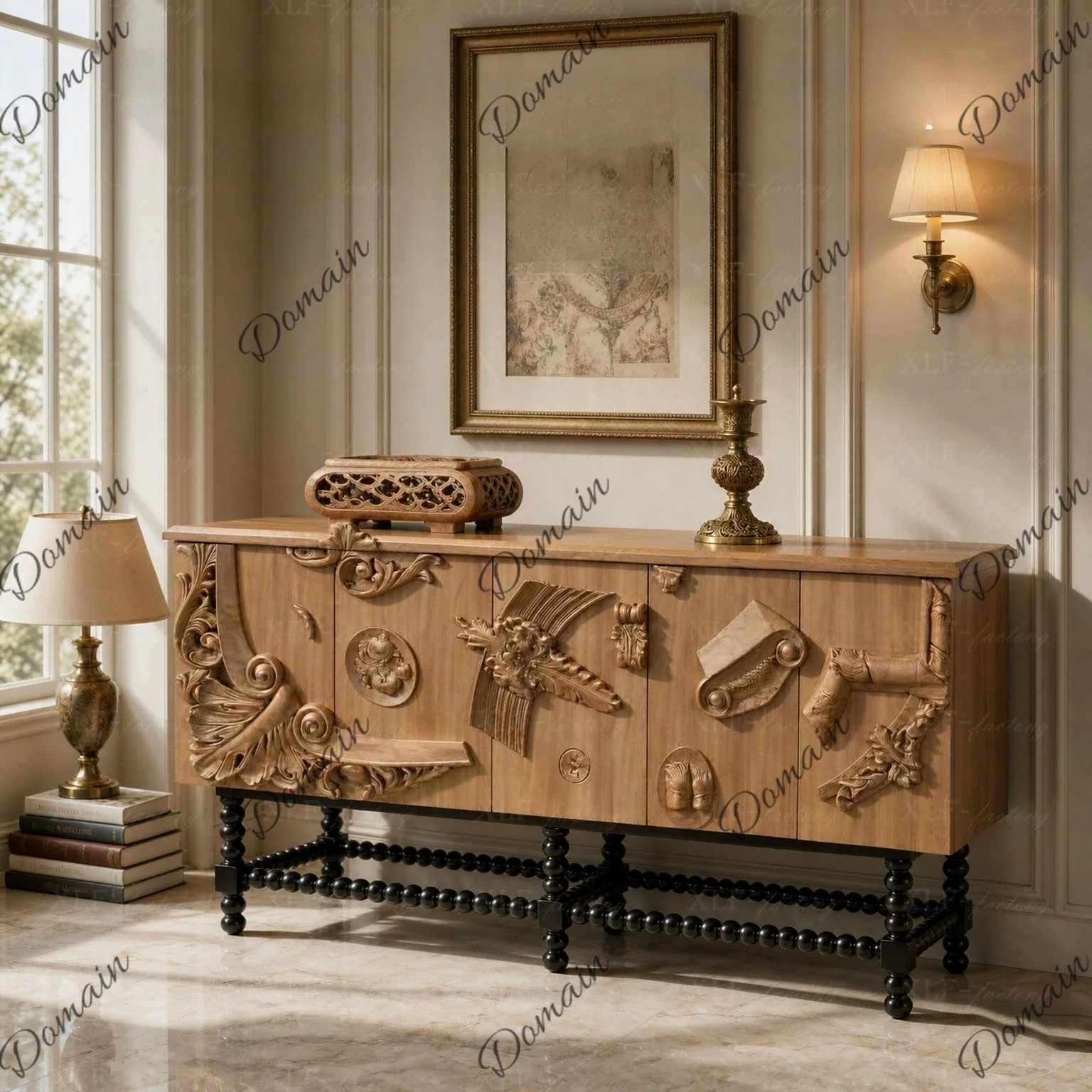 American medieval ginseng dining side cabinet light luxury European classical solid wood entrance living room storage relief