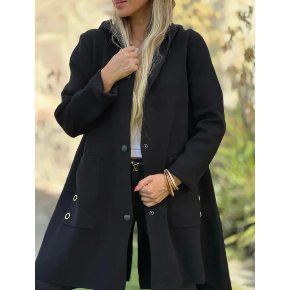 Casual Modny Płaszcz damski z kapturem i kieszenią Jednorzędowy Płaszcz damski w jednolitym kolorze Jesień Zima Nowy Styl Elegancki Płaszcz damski 2025