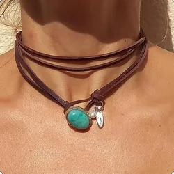 New Bohemian Style Leather Rope Turquoise Pendant Necklace for Women Girls Vintage Simple Jewelry Gifts Necklaces Accessories