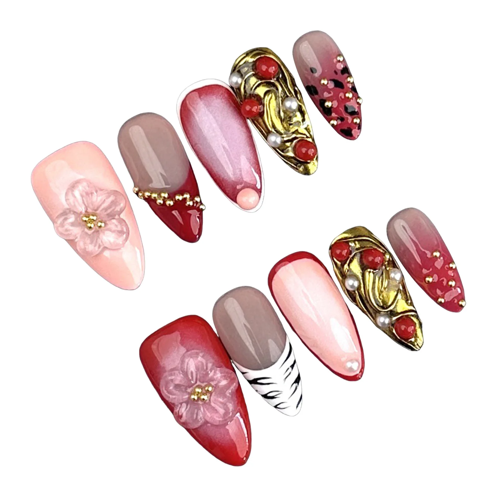 10 шт. легкие роскошные накладные ногти ручной работы с градиентным красным принтом зебры во французском стиле, золотая фольга, пресс на ногтях, 3D цветок, жемчужный декор, ногти