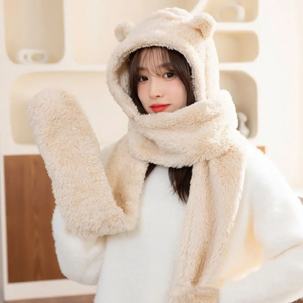 

Удобная шапка-бини с медвежьими ушками 3 в 1, защитные наушники, шарф, шапка, перчатки, утолщенные теплые флисовые шарфы, шапка для девочек