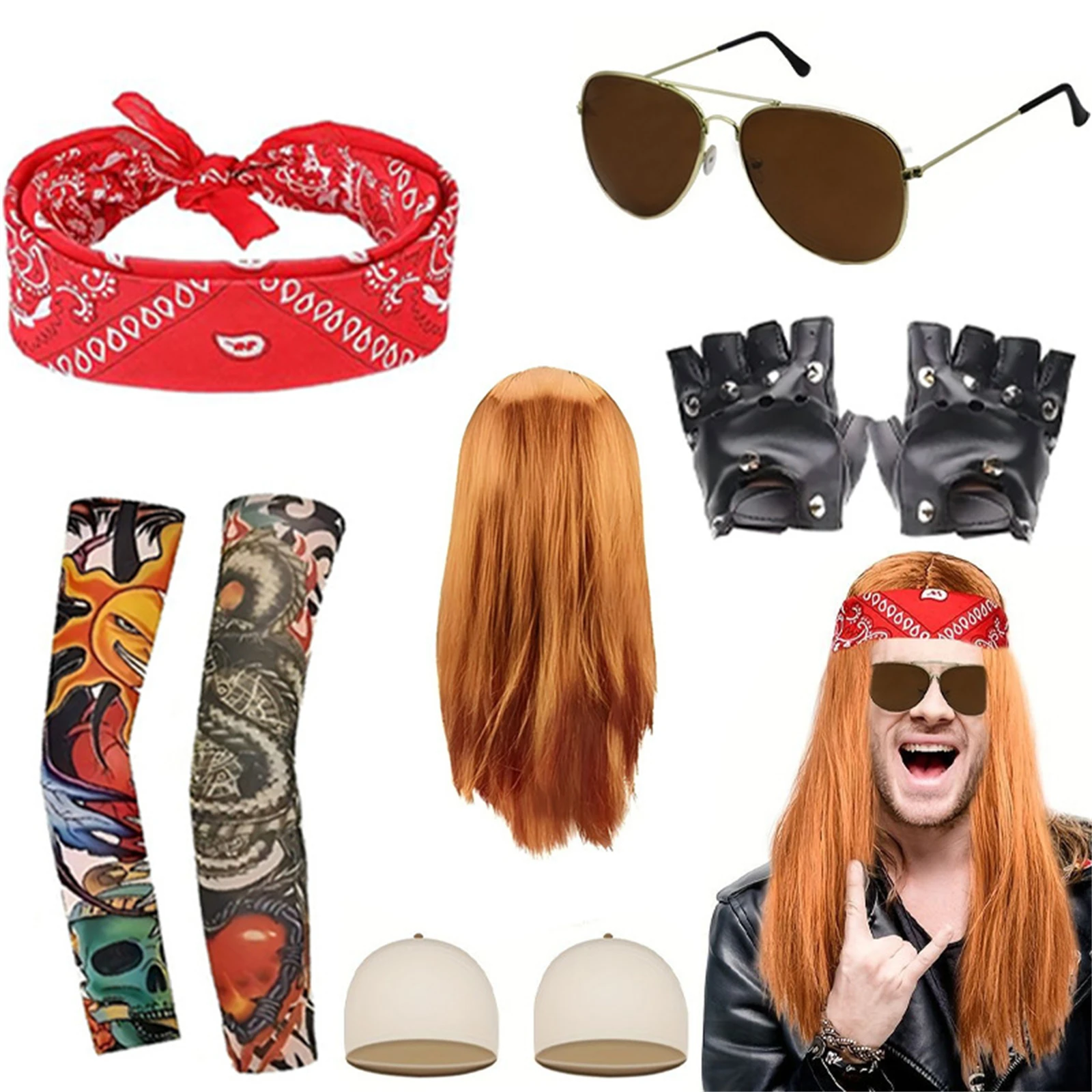 80s Rocker Costume Accessory Set Adult Heavy Metal Punk Disco Party Props with Wig Sunglasses Tattoo Sleeves Halloween Cosplay