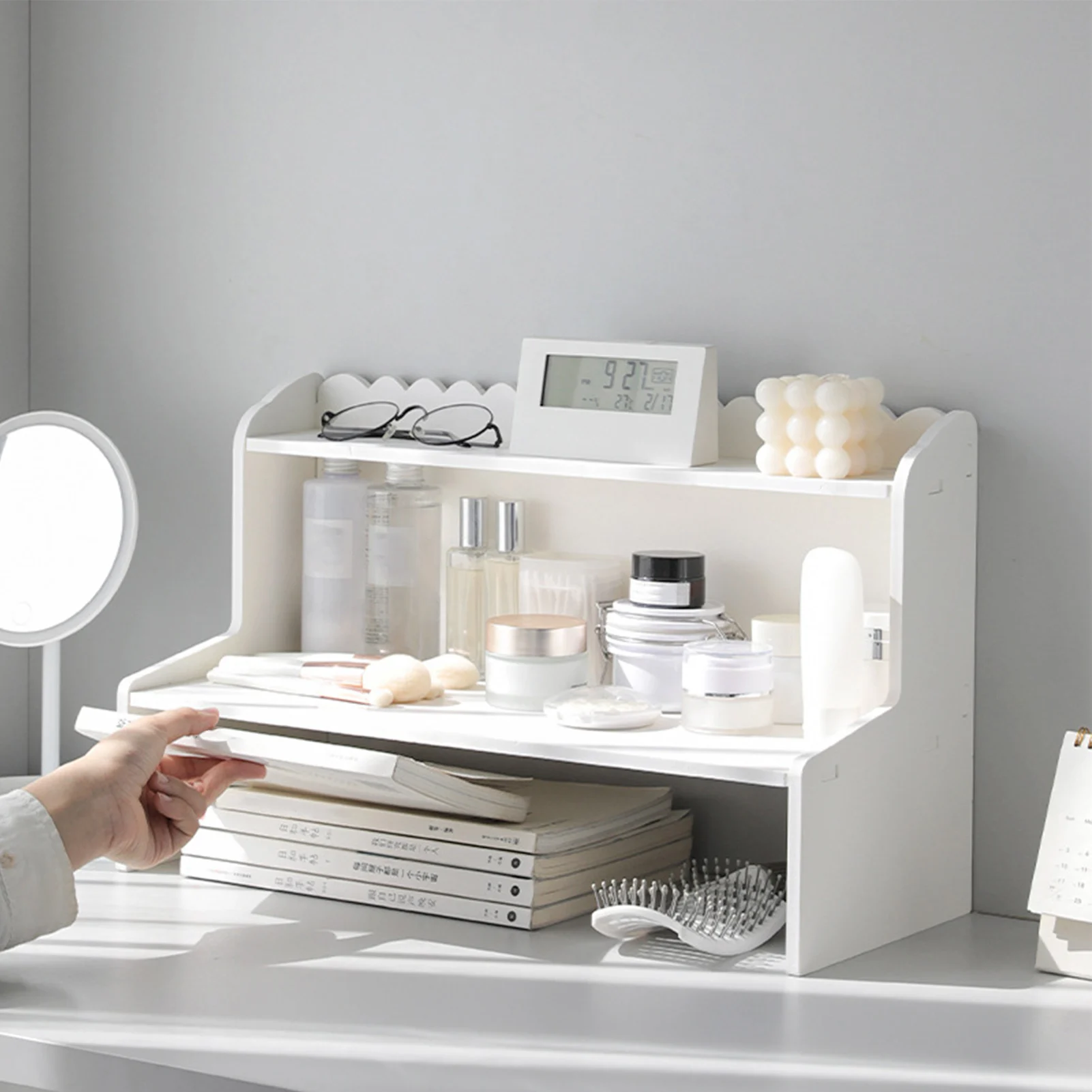 Cosmetica-opbergorganizer, houten displayplank voor op het bureau, meerdere lagen, mini-boekenkast, cosmetica-organizer