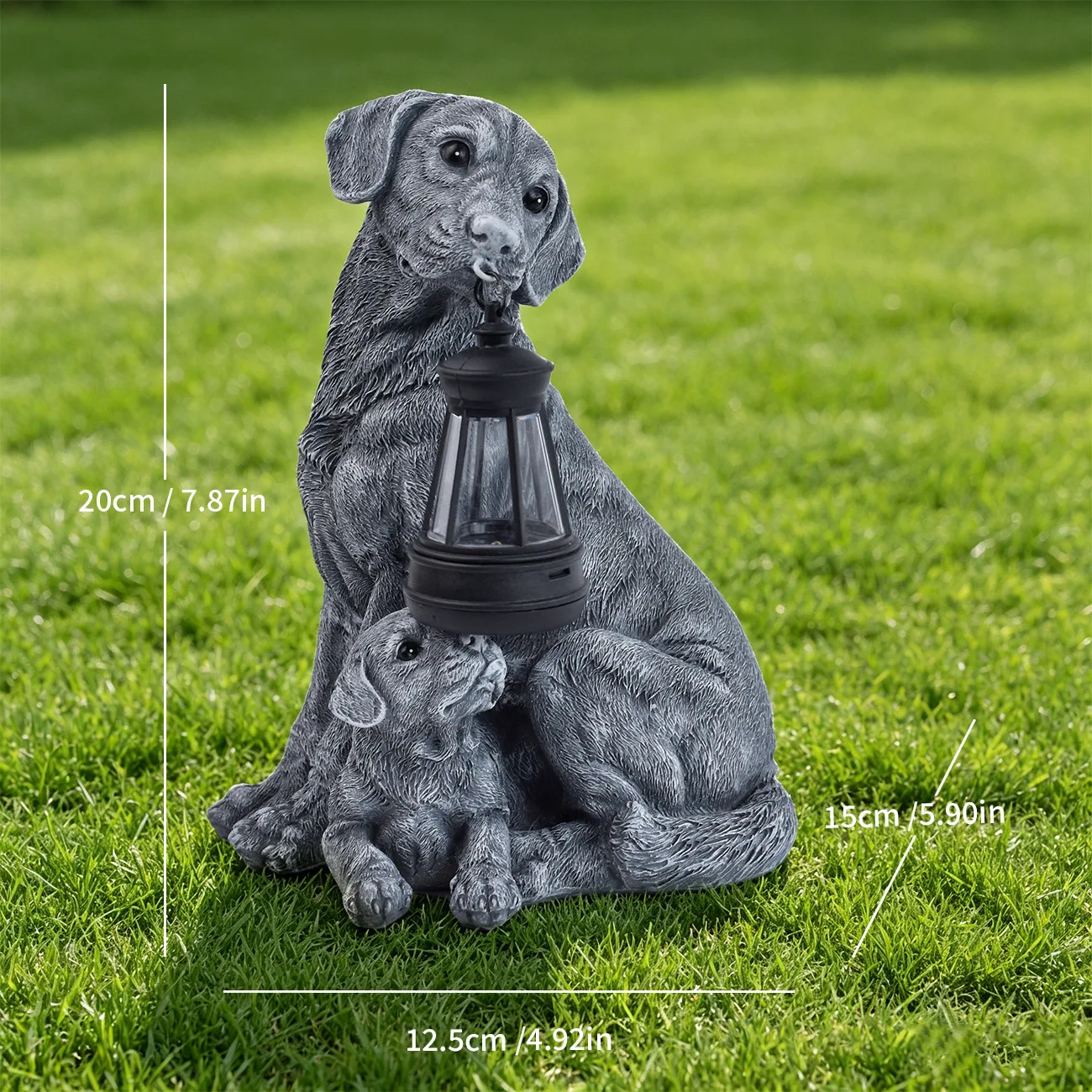 Outdoor Solar Dog Statue Cement Gray Resin Crafted Garden Decor with Light Sensor Auto On Off Function Weather Resistant