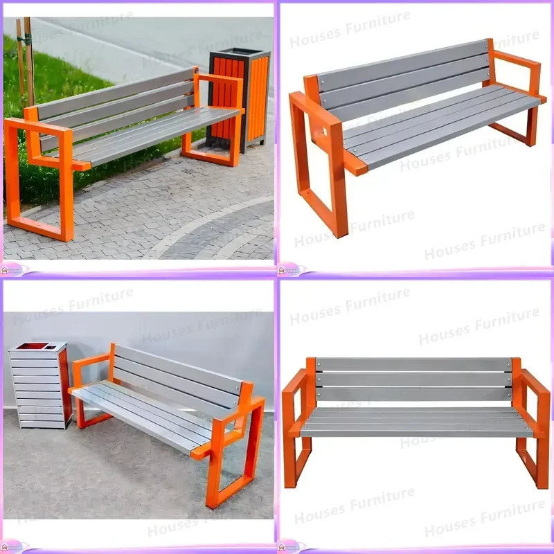 Outdoor Metal Park Bench Modern Orange Frame Waterproof Plastic Wood Public Garden Street Sidewalk Seating Furniture