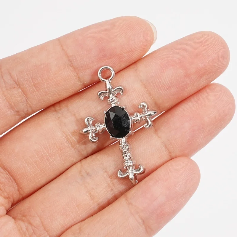 5Pcs Gothic Silver Ten Inlaid Oval Black Rhinestone Metal Cross Pendant Necklace Earrings Bracelet Jewelry Making Accessories view 3