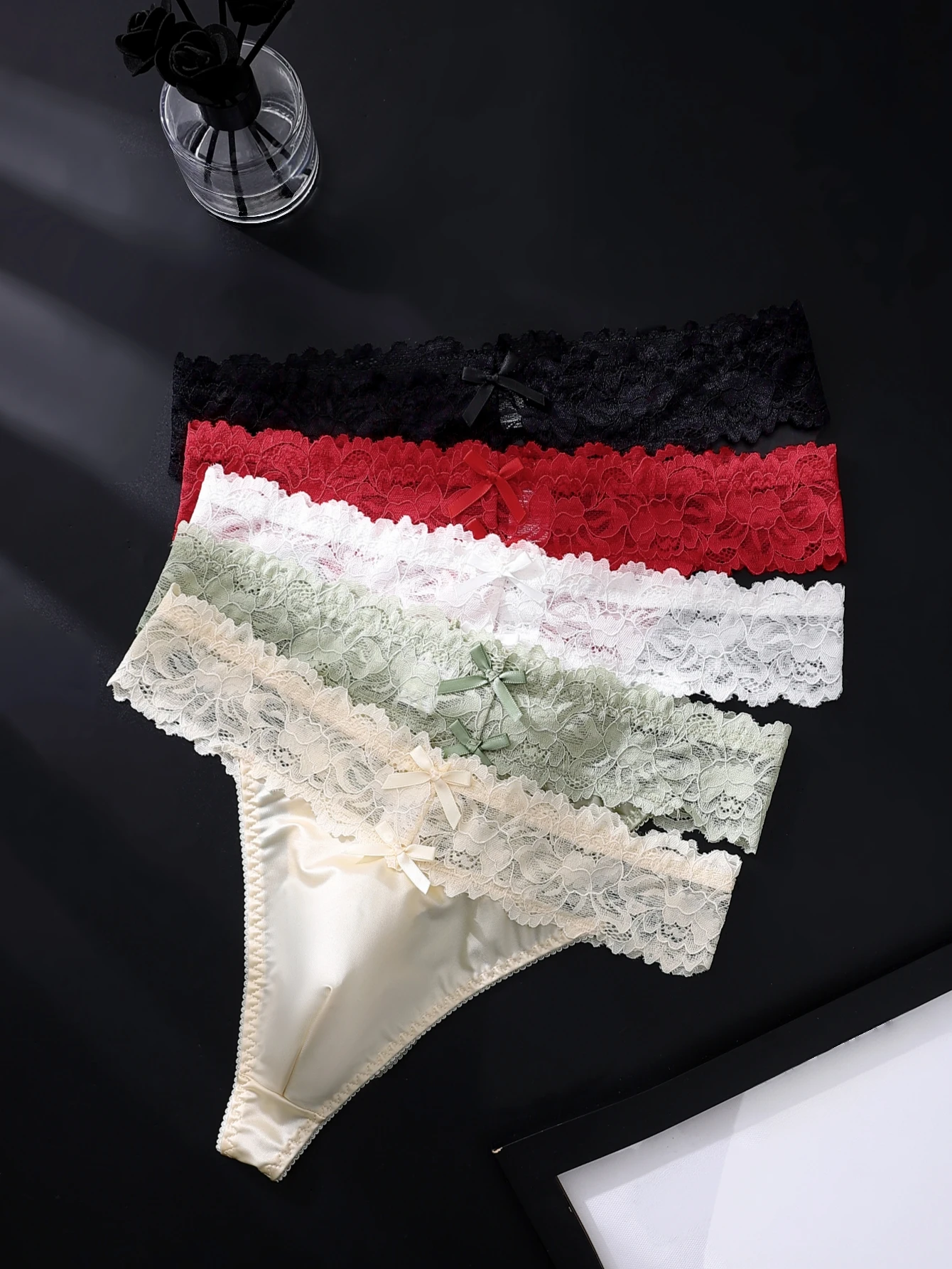 2PCS Men's Low Waist T-shaped Underwear Solid Color Satin Lace Bow Design Comfortable Briefs