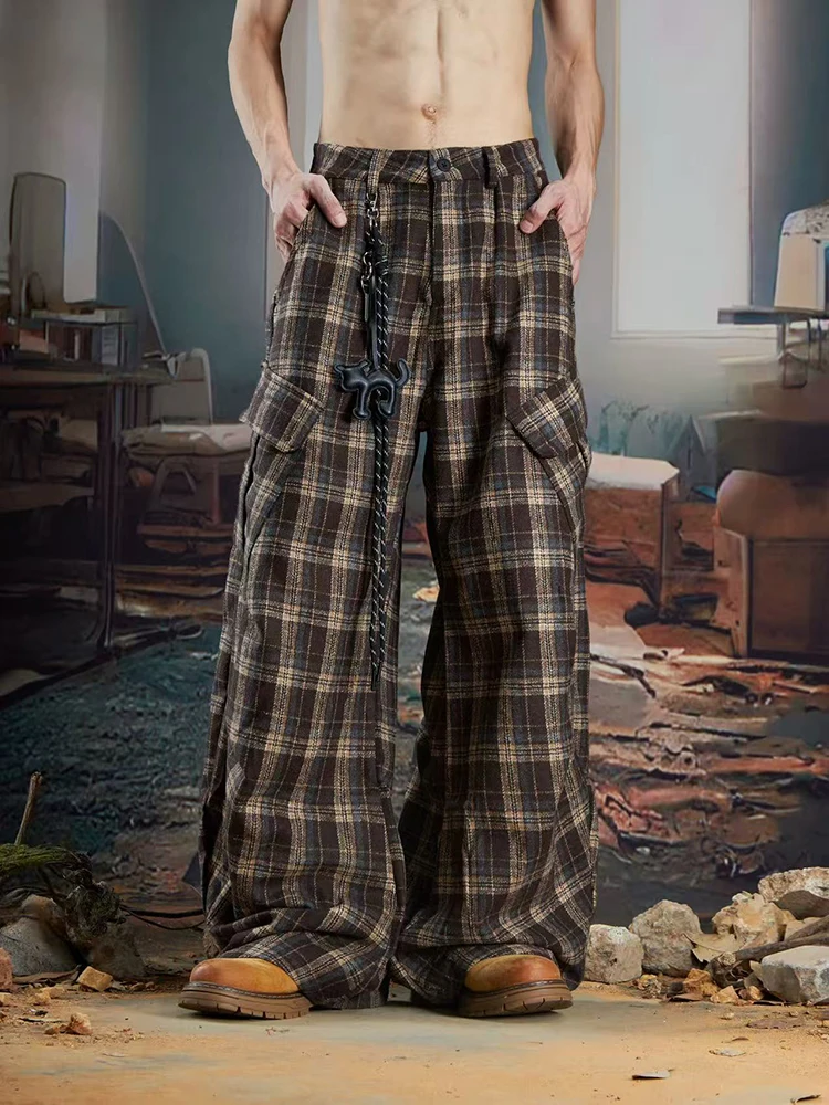 American Vintage Plaid Cargo Pants Women Autumn High Waist Streetwear Loose Wide Leg Pants Y2K with Keychain Scimitar Trousers