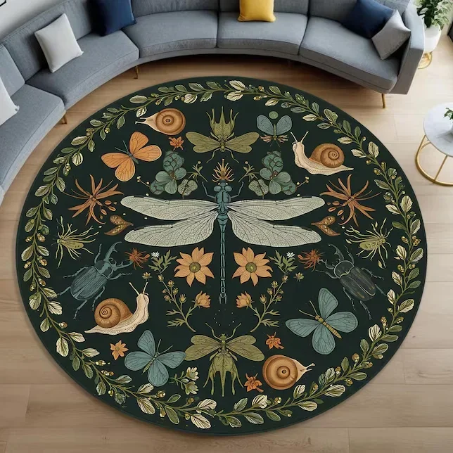 ~O~Colorful Dragonfly Round Rug – Whimsical Insect-Inspired Floral Floor Mat for Bedroom & Living Room