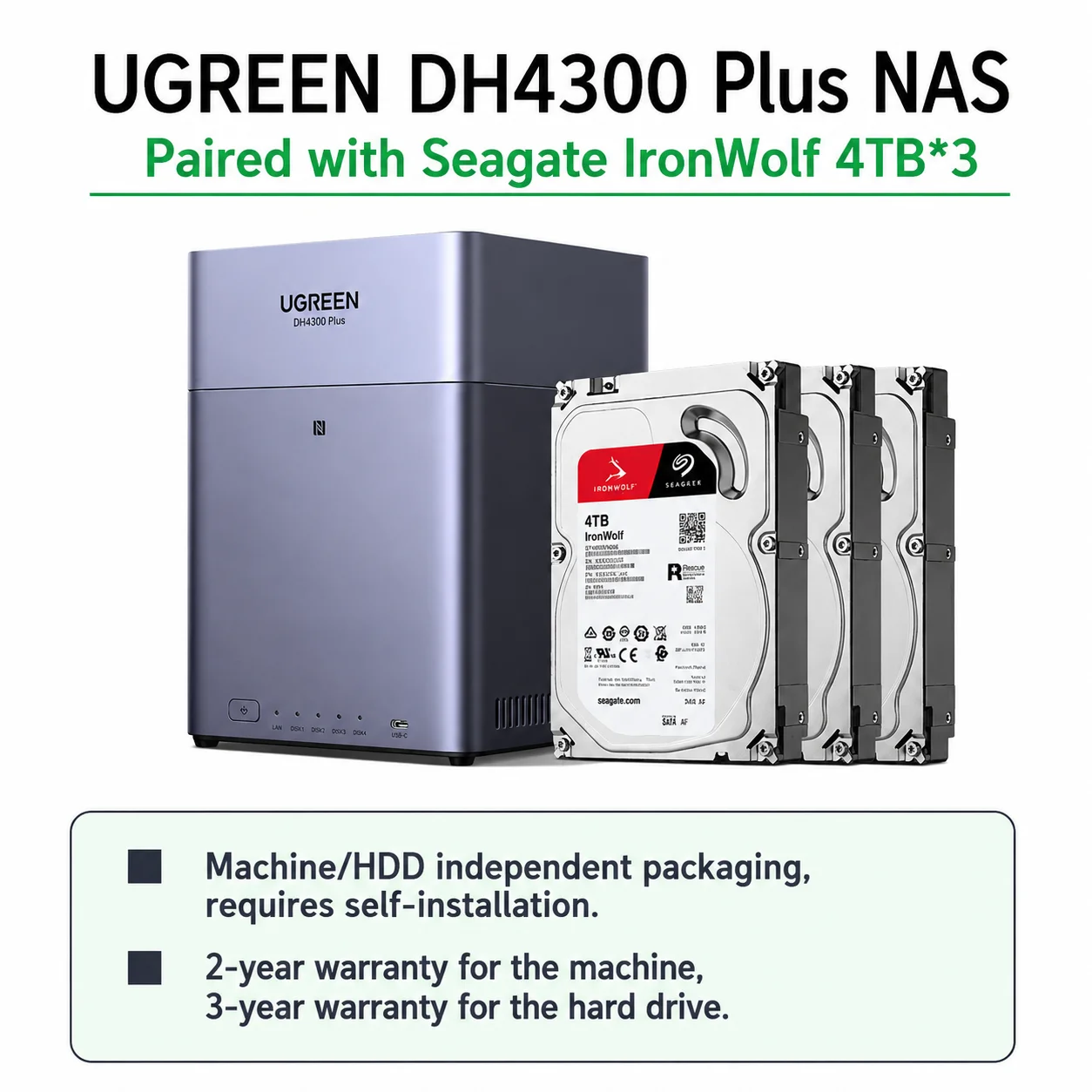 UGREEN DH4300 Plus NAS 4 baies 12 To – Serveur NAS domestique / Cloud privé – Sauvegarde RAID, partage de fichiers (photos, vidéos) et stockage réseau pour PC, Mac et smartphone