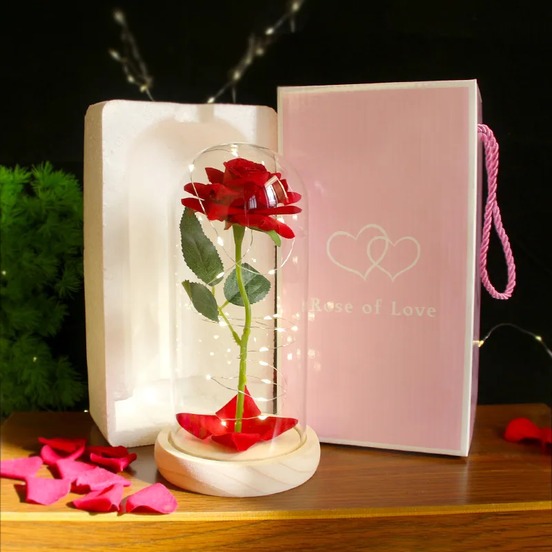 Valentines Day Gift 2024 hot selling high  artificial rose in glass  led Valentines Day Gift