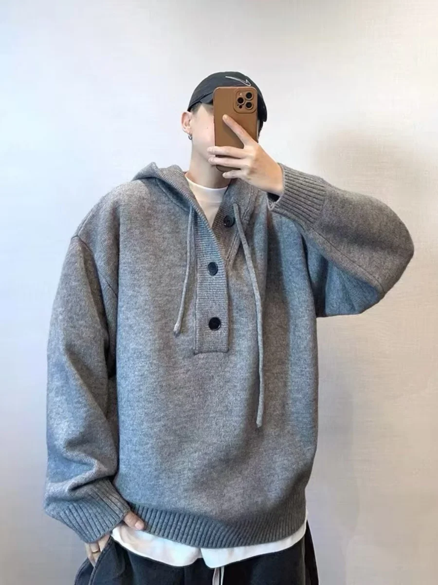 

Мужской вязаный свитер с капюшоном, повседневный, свободный, зимний, модный, с длинными рукавами, на пуговицах, однотонный, удобный, для отдыха