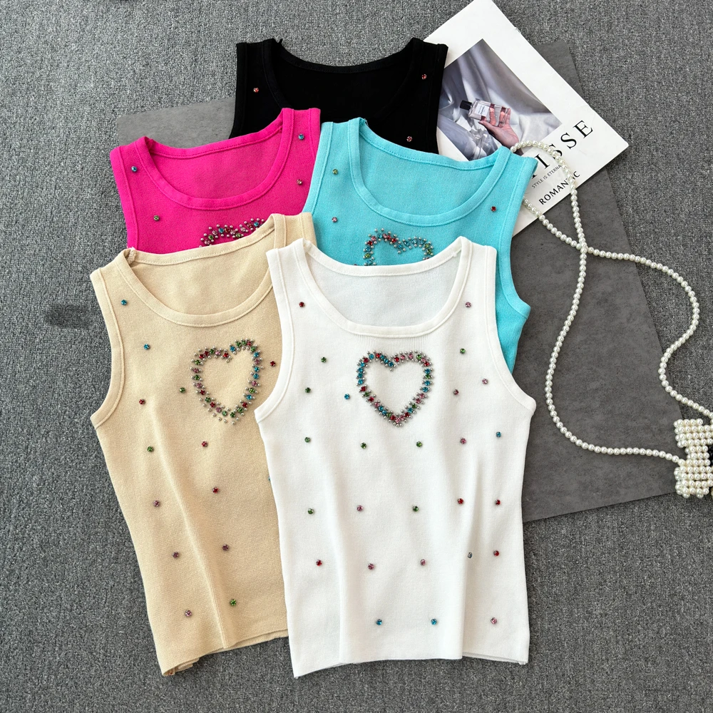 New Heart Colorful Rhinestone Knitted Tank Top Casual Crew Neck Sleeveless Tank Top For Summer Women's Clothing Crop Top Camis