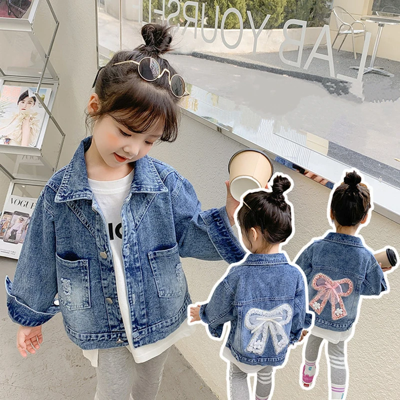 Autumn Kids Denim Jacket Coats With Bow for Girl Clothes Children's Clothing Baby Harajuku Streetwear Vintage Casual Outerwear