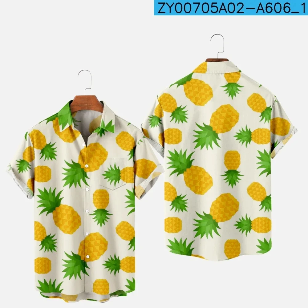 Blusa con estampado 3D de piña y fruta para hombre, camisa informal de manga corta con botones y solapa, ropa de calle de gran tamaño para playa