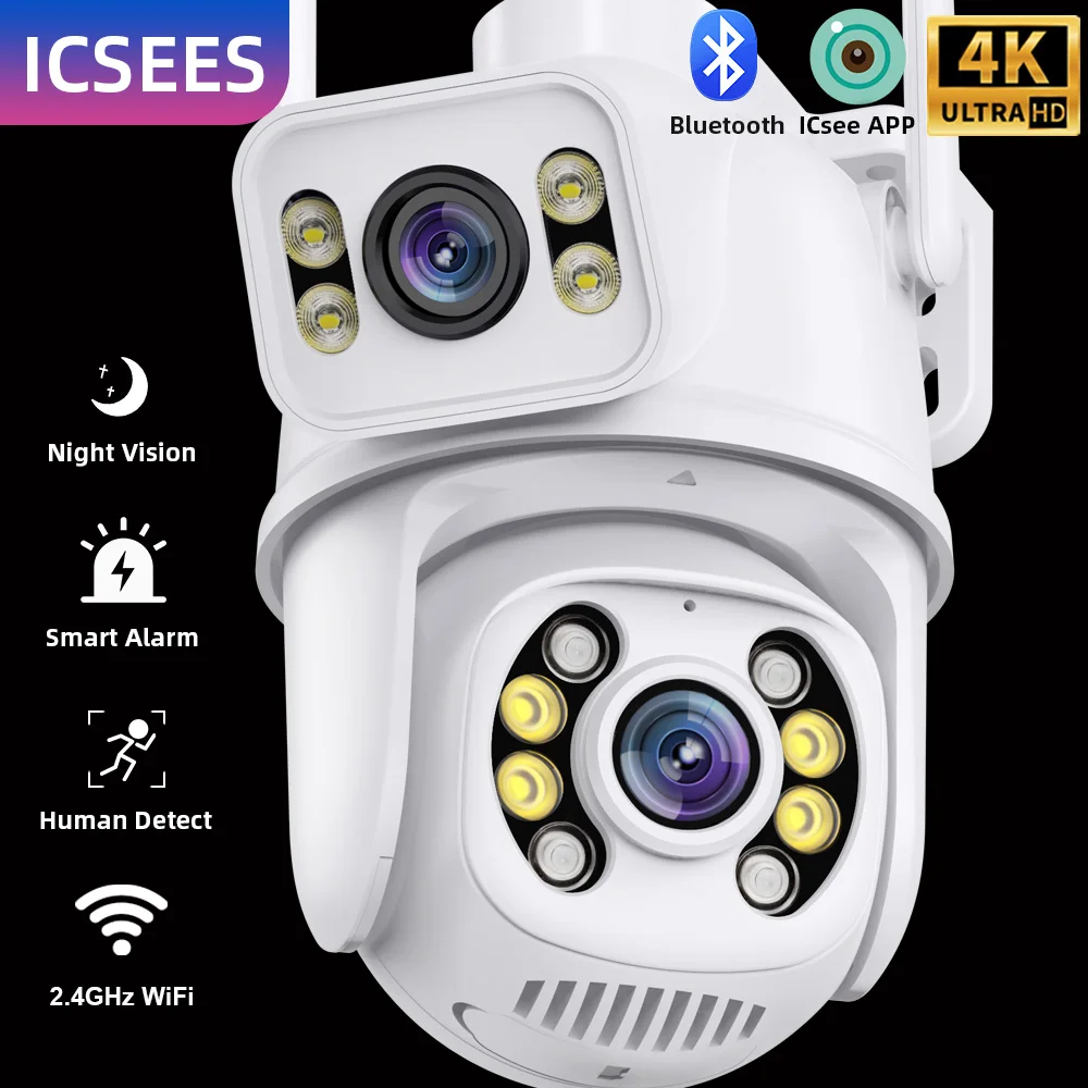 ICsees Wifi Security Surveillance Camera Outdoor Wireless Camera 8MP Dual Lens IP Camera CCTV Ai Human Detect Auto Tracking