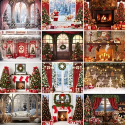 Laeacco Photography Background Winter Christmas Window Xmas Trees Gift Fireplace Red Curtain Family Portrait Decor Backdrop