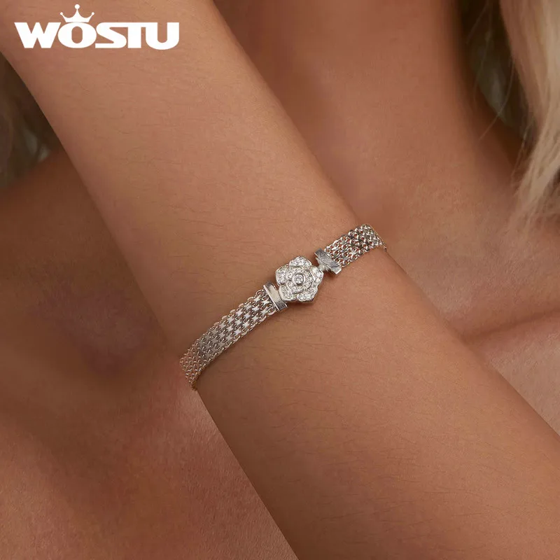 WOSTU Original 925 Sterling Silver Rose Basic Bracelet Flat Chain Bangle Sparkling Zirconia Flower Charm for Women Birthday Gift