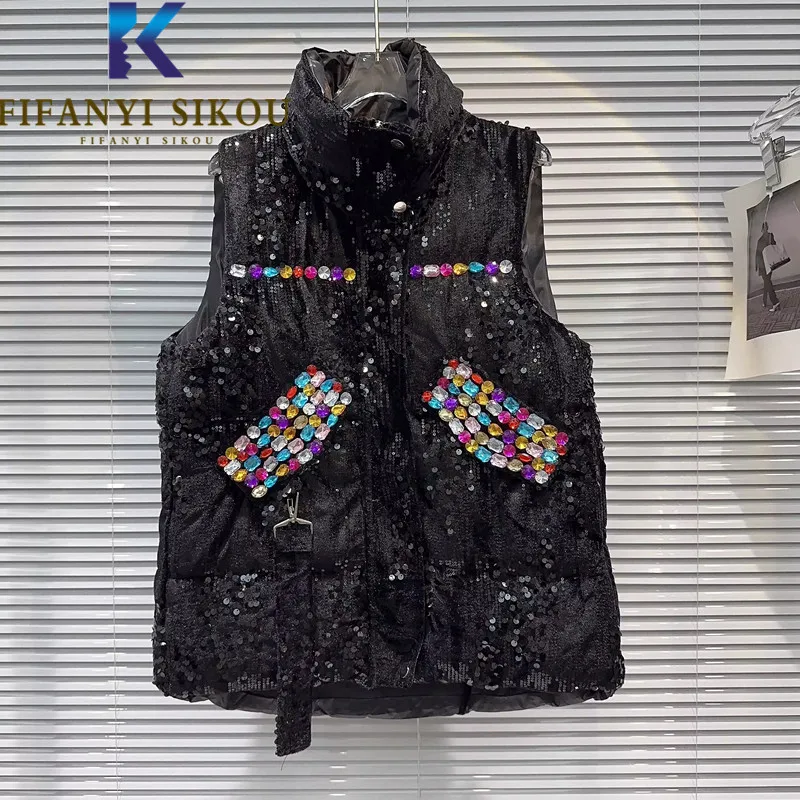 

Cotton Vest Coat Women Sleeveless Sequins Down Jacket Colored Gemstones Decoration Loose Waistcoat Warm Winter Vest Female