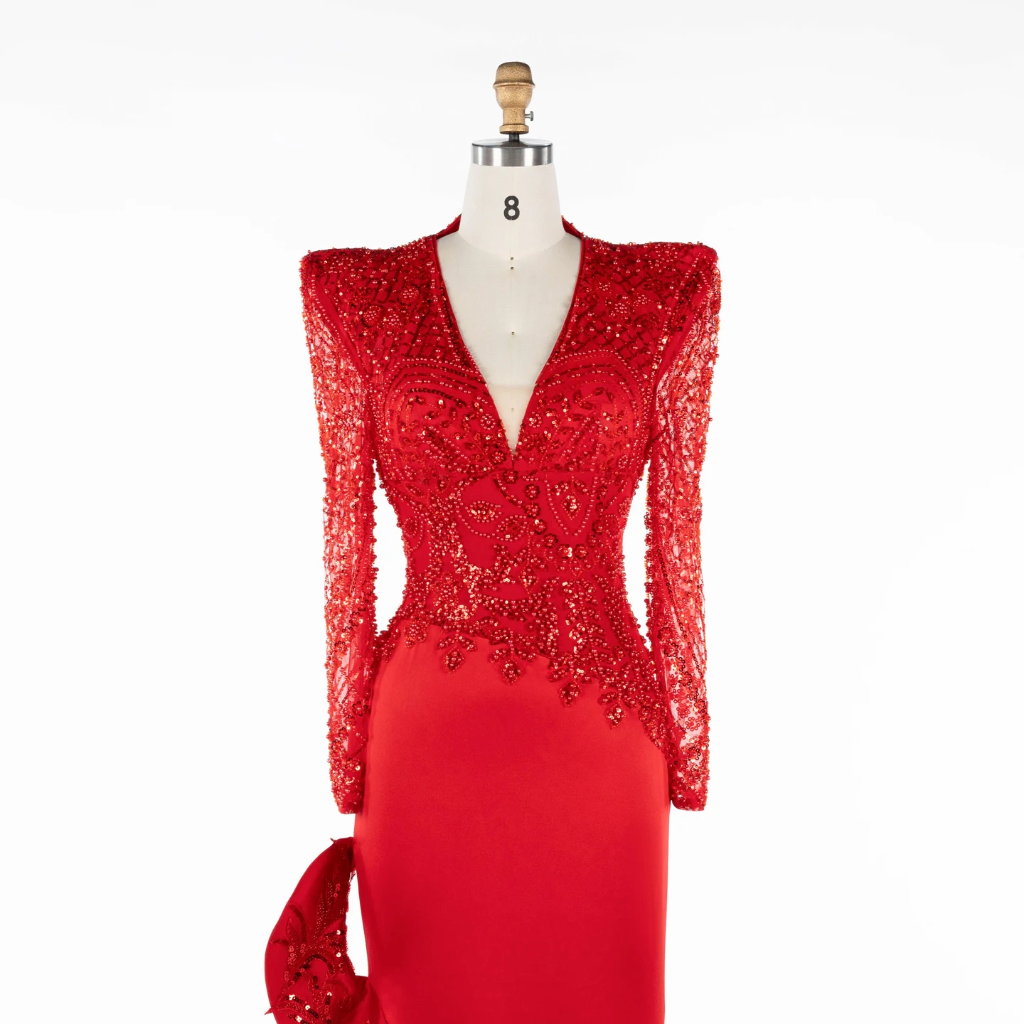 Red Deep V-Neck Long Sleeve Beaded Embroidered Evening Dress Asymmetrical Ruffle Luxury Satin Formal Party Gown ST044 Customized