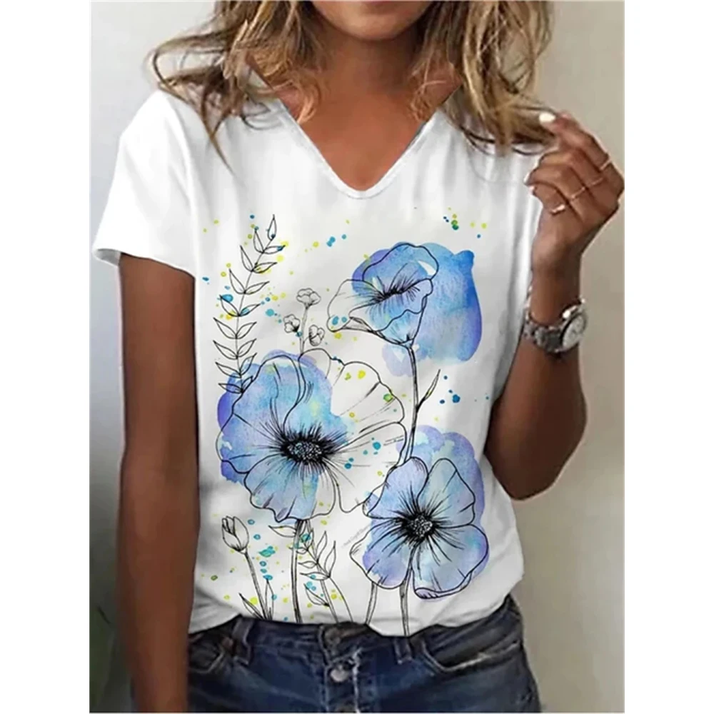 

Women's Graphic Print V Neck Abstract Floral Painting T Shirt Basic Top Summer Casual Loose Fashion 3D Print Plus Size Clothing