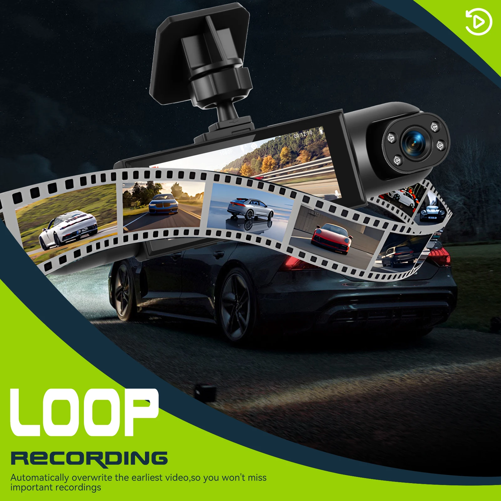 Podofo 3,16'' Dashcam mit vier HD-Objektiven, Bewegungserkennung, Auto-DVR, mehrsprachiger Auto-Videorekorder 150 ° Großer Betrachtungswinkel – Detail 9