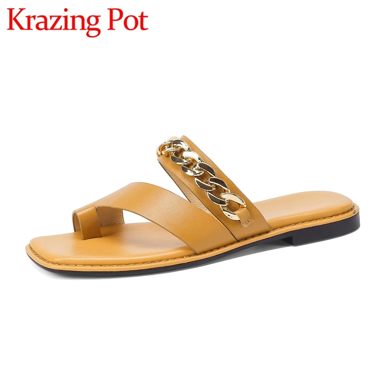 

Krazing Pot Genuine Leather Flip-flops Metal Chain Decoration Young Lady Streetwear Fashion Solid Non-slip Women Slippers L23