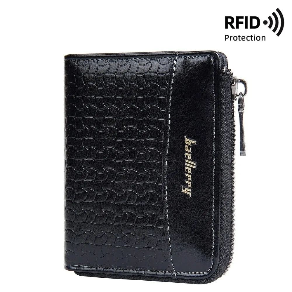 Leather Men's Short Wallet Zipper Card Bag Urban Recreational Style Anti-theft Cash Bag ID Badge Holder English Letter