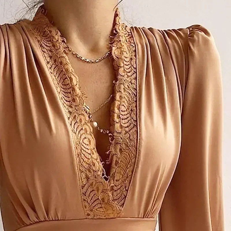 Sexy Deep V Neck Silk Top Summer Women Lace Solid Blouse