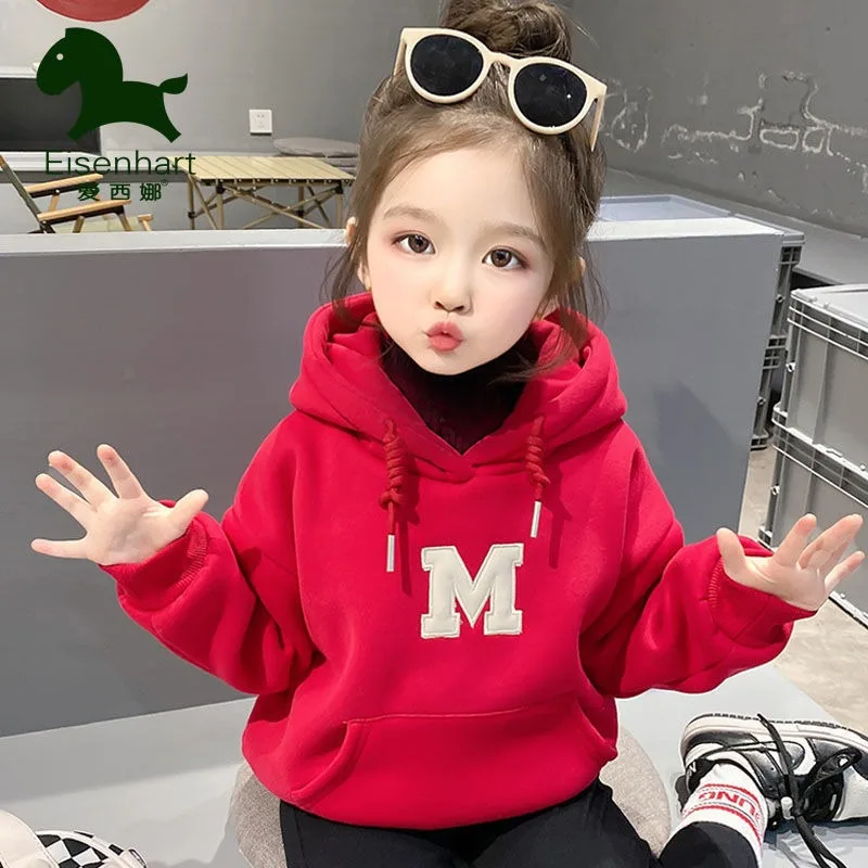 

Girls Korean Style Thickened Fleece-Lined Warm Loose Hooded Trendy Top - Spring/Autumn Winter Kids