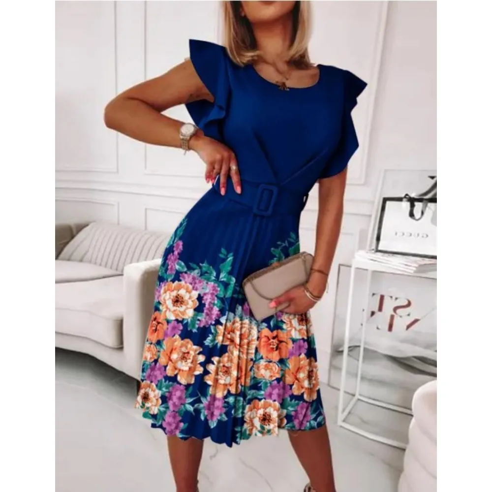 Nuevo vestido de cuello redondo con temperamento a la moda para mujer, vestido informal con estampado Floral y cintura plisada con borde con volantes