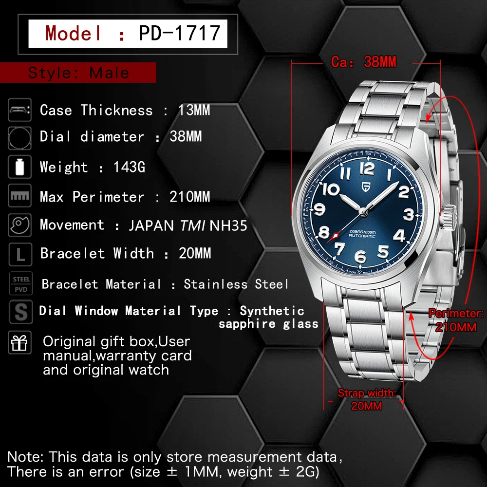 PAGANI DESIGN NH35A Men's Automatic Mechanical Watch 38mm Sapphire Stainless Steel Waterproof 20Bar Reloj Hombre Watches for Men