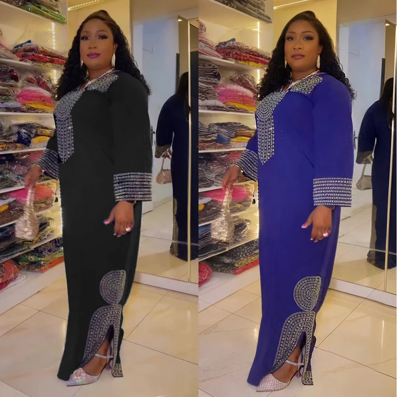 

African Plus Size Women's Fashion Dress Middle Eastern Muslim New Style Rhinestone Robe with Headscarf
